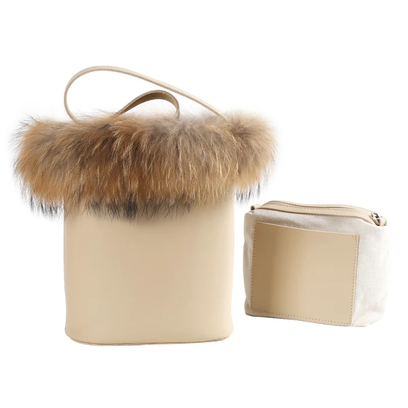 

Plush Bucket Bag Furry Bag Female 2018 New Autumn and Winter Single Shoulder Bags Genuine Leather Tote Bags Sac A Main Bolsas