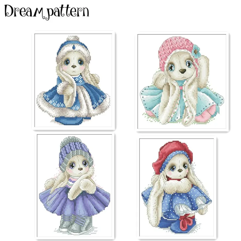 

Winter rabbit in coat cross stitch package cartoon animal 18ct 14ct 11ct cloth cotton thread embroidery DIY handmade needlework