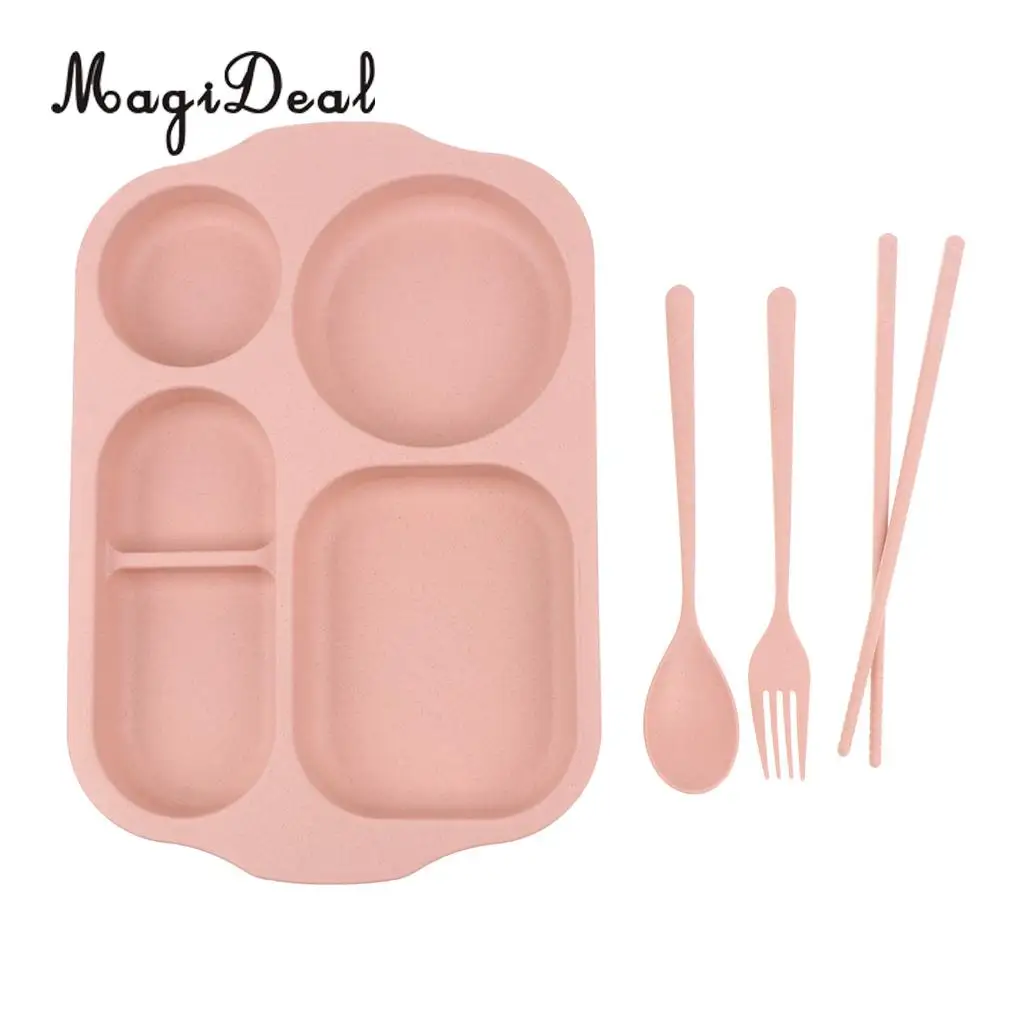 MagiDeal Divided Dinner Tray Lunch Container Food Serving Plate 5 Section with Chopsticks Spoon Fork Cutlery Tableware Set