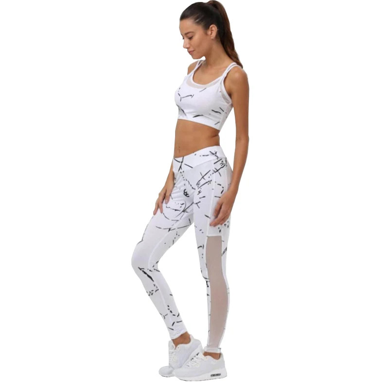 

Women Sports Leggings Fitness Mesh Patchwork Yoga Sets Sleeve Fitness Suit 2 Piece Set Running Exercise Clothing Sportswear