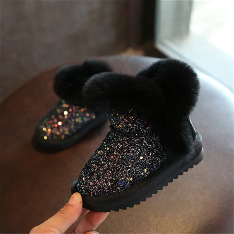 Scsech/Новая модная детская обувь; плюшевые зимние ботинки для малыша из искусственной кожи с блестками; уличные хлопковые ботинки; S8316