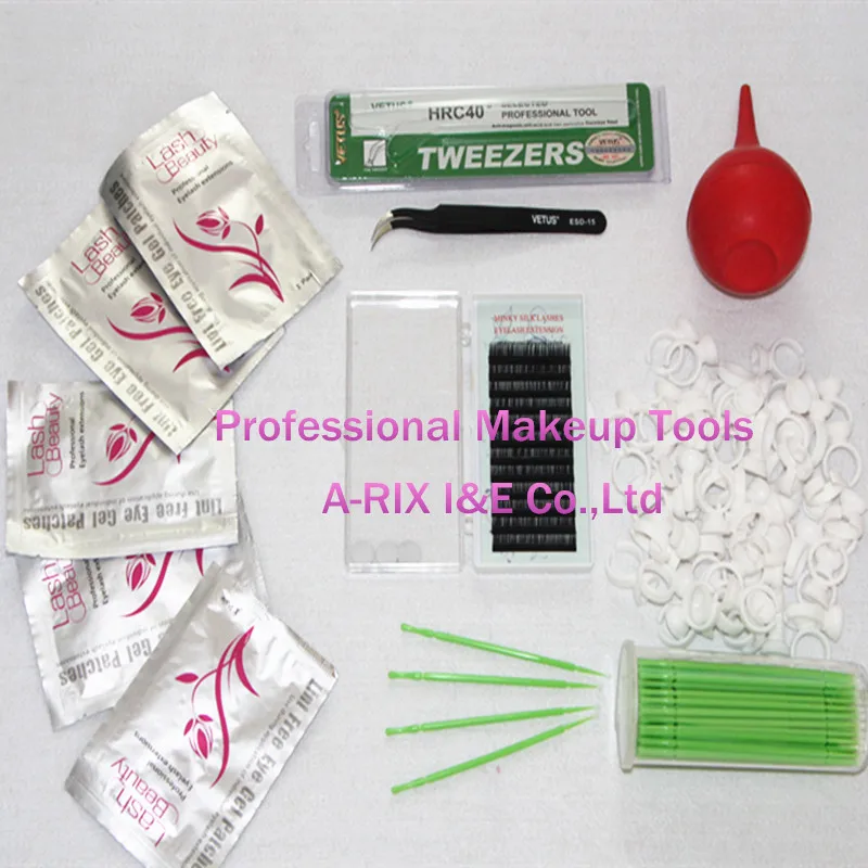 

A-RIX Professional Makeup Tools Kits for eyelash extension Set include Eye Lash Micro Brush Air Brower Tweezer Glue Ring Eye Pad