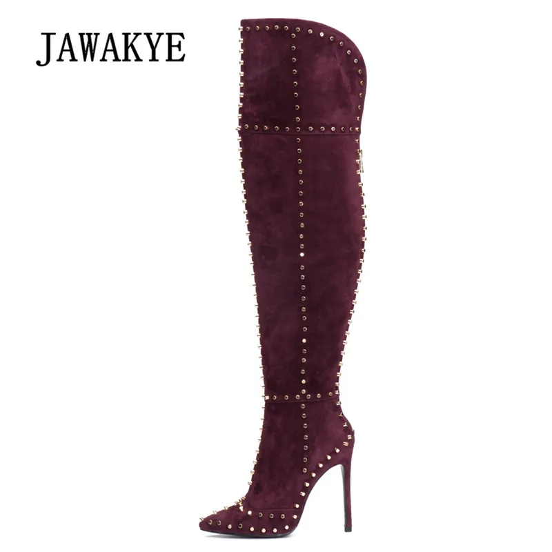 

2019 Sexy Rivet Over The Knee Boots Women Ponited Toe Metal Spike Decor High Heel Boots Lady Thigh Boots