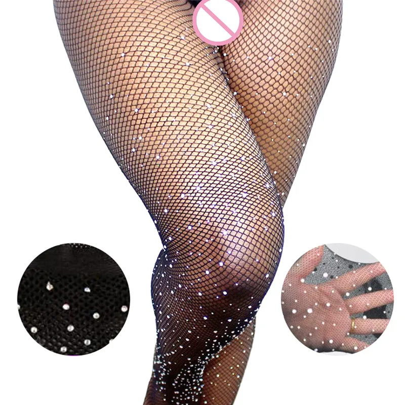 

New Sexy Lingerie Sexy Open Crotch Fishnet Tights Women Delight Diamond Mesh Stockings Lady Shiny Rhinestone Nylons Pantyhose