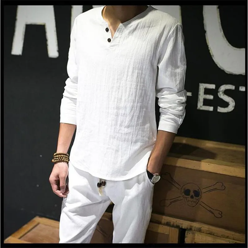 Koop Linnen Shirts Solid Basic Lange Mouw T shirt Mannen Voorjaar Nieuwe Crew Hals T shirts Mode Mannelijke Tops Tee Plus Size m 4XL 5XL 6XL 7XL