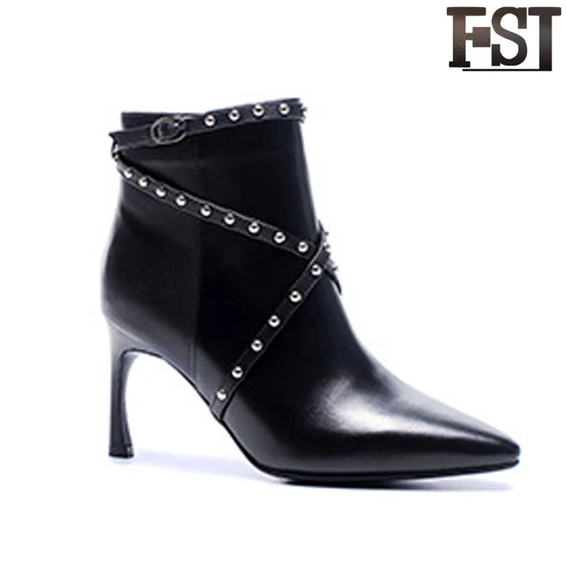 

FSJ Genuine Cow Leather Woman Spring/Autumn Ankle Riding Equstrian Boots Sewing Casual Office Career Pigskin Buckle Strap shoes