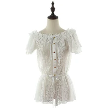 Новая летняя Милая рубашка в стиле Лолиты для девочек, классическая белая блузка с короткими рукавами и круглым вырезом в стиле Лолиты, Женская кружевная рубашка в стиле Лолиты