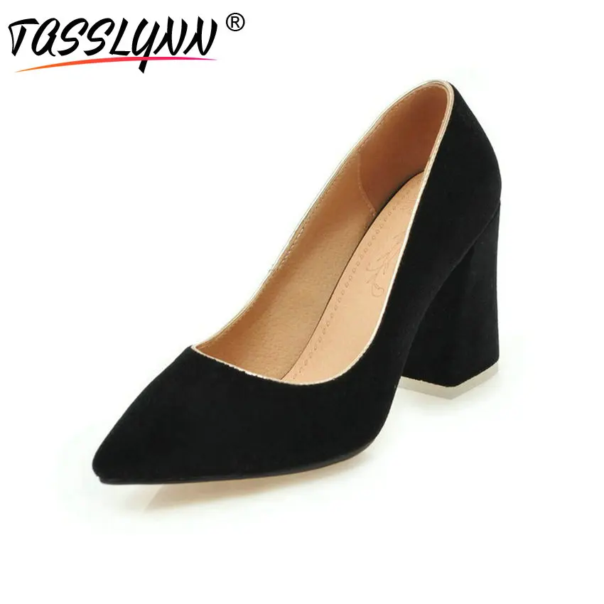 

TASSLYNN 2019 Women Pumps Slip on Pointed Toe Flock Elegant Shoes OL Square High Heels Sexy Party Pleuche Women Shoes Size 34-43