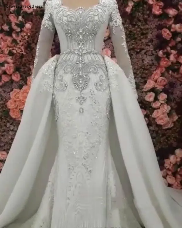 Luxury Mermaid Beaded Crystals Wedding Dresses With Detachable Skirt 2019 Vintage Long Sleeve Rhinestones Long Dubai Arabic Robe Gown BC1366  399 (3)