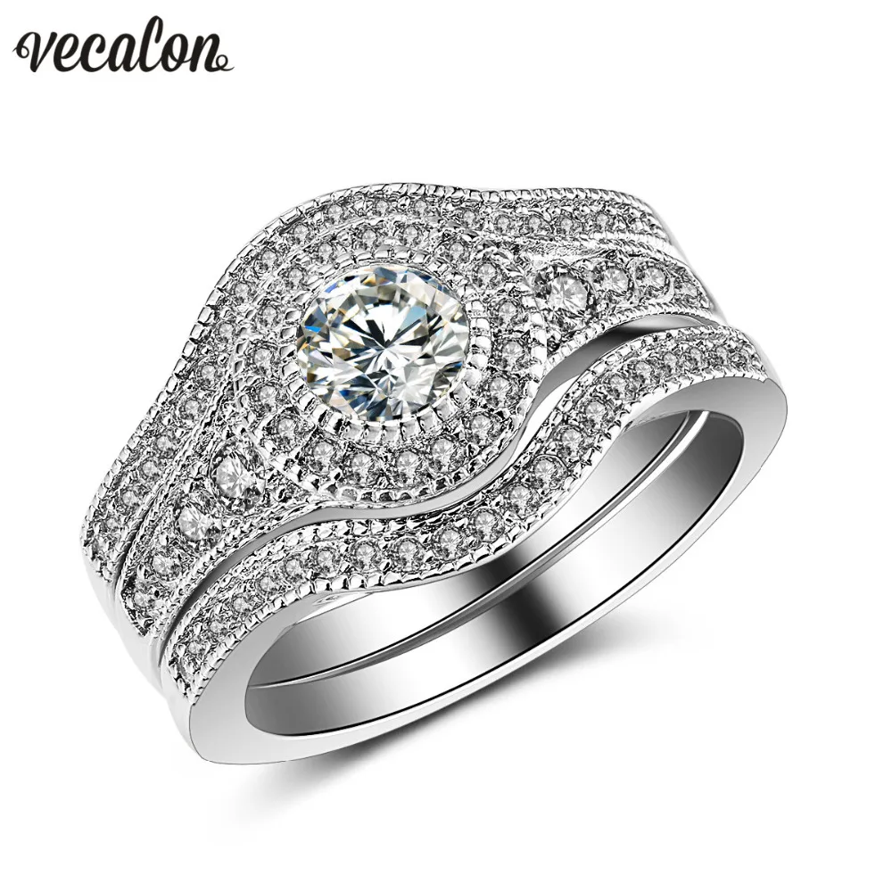 

Vecalon Fashion Vintage Engagement Wedding band Ring Set for Women 2ct 5A Zircon cz 10KT White Gold Filled Party Finger ring