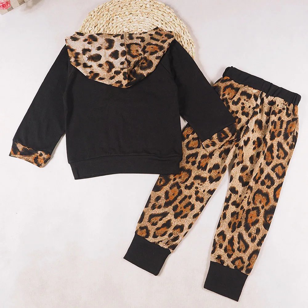 Children kids baby girl clothes set Long Sleeve Leopard Print Tracksuit Top+ Pants Outfits boutique clothing Set Tracksuit