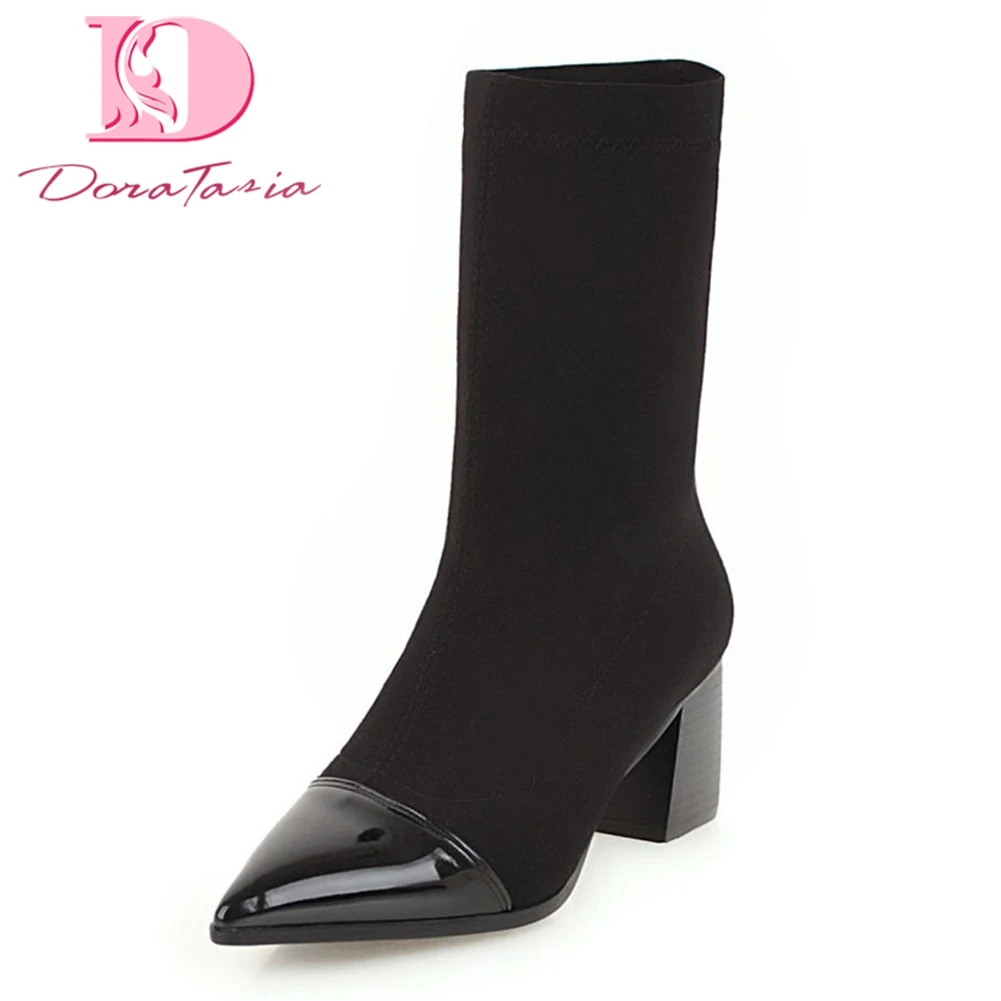 

Doratasia Large Size 33-43 Stretch Fabric Women Shoes Woman Fashion Square High Heels Boots Woman Pointed Toe Boots Female Shoe