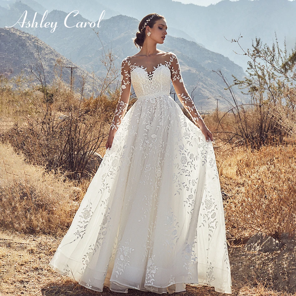 

Ashley Carol Sexy V-neckine Backless Wedding Dress 2019 Illusion Long Sleeve Court Train Appliques Bride Dresses Wedding Gowns