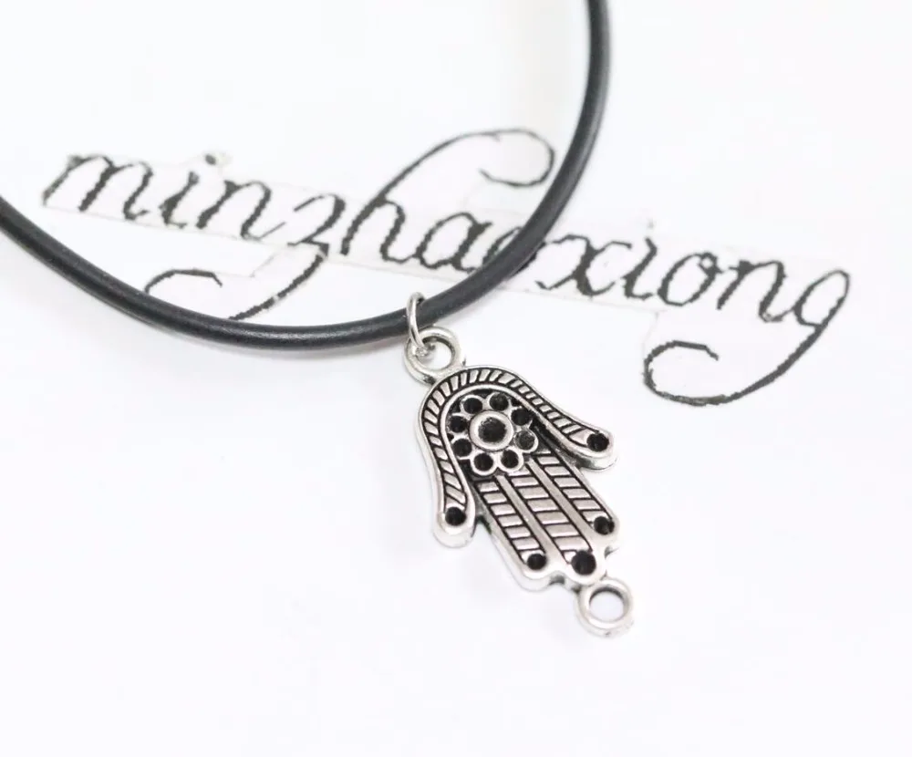 

Vintage Tibetan Silver Fatima Hand Charms Choker Pendant Necklace Black Rubber Cord Chain Hippy Jewelry Christmas Gift