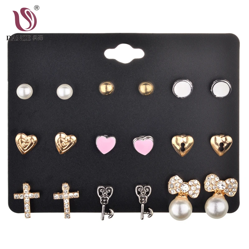

DANZE New Arrivals 9 Pairs/Set Heart Cross Design Stud Earrings for Girls Women Fashion Simulate Pearls Earring Jewelry