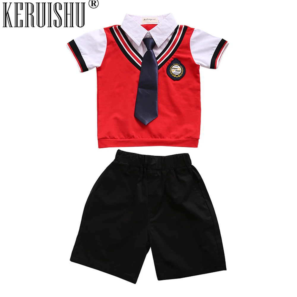 

KERUISHU children clothing set 2pcs set school style kids short sleeve fake vest red pullover black shorts/skirts for boys/girls
