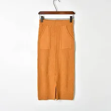 Зимняя Новинка, полосатая Толстая спереди, с разрезом, с двойным карманом, трикотажная юбка, один шаг, женские юбки от кутюр