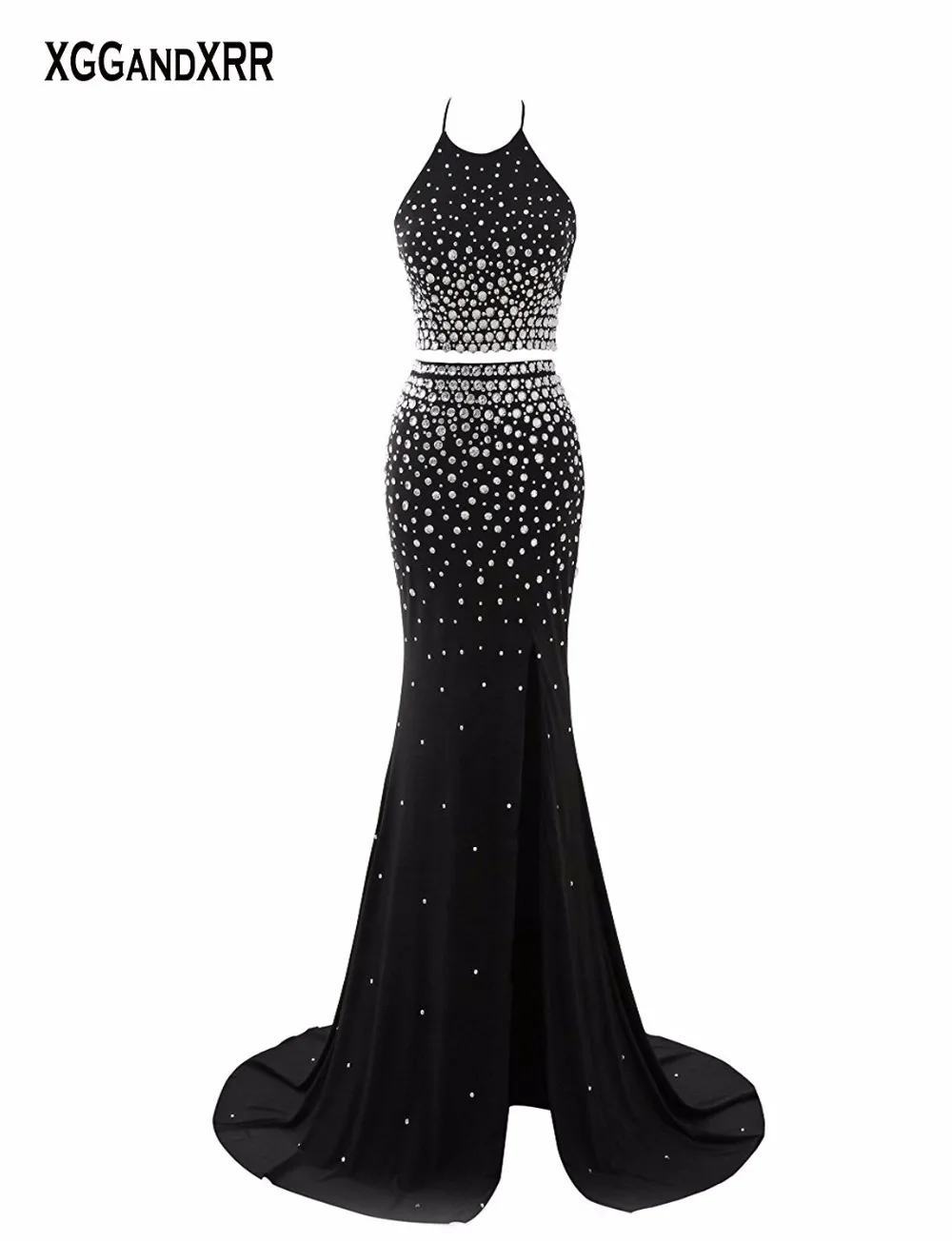 

New Arrival Halter Black Mermaid Prom Dress Heavy Crystal Beading Long Two Pieces Evening Dress Side Slit Backless Woman Party
