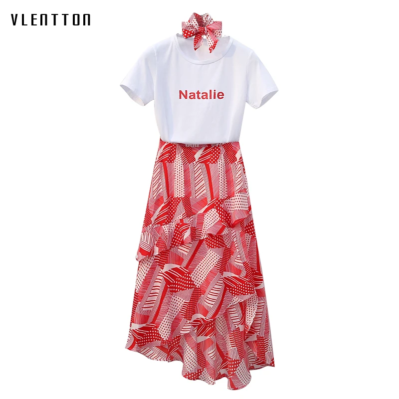 

2019 New 2 Piece Set Women Plus Size Print Short Sleeve Tshirt+Ruffles High Waist Skirt Set Spring summer Casual Women's Sets