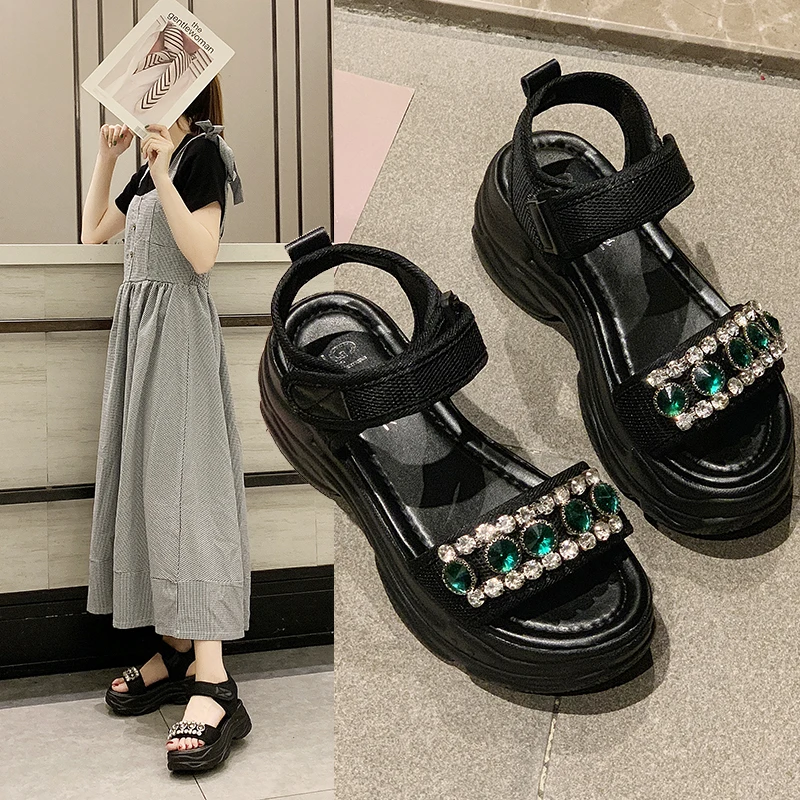 

2019 Summer New Women Crystel Casual Sandals Peep-toe Platform Sandals Women Rhinestone Beach Sandals Roman Slippers Black