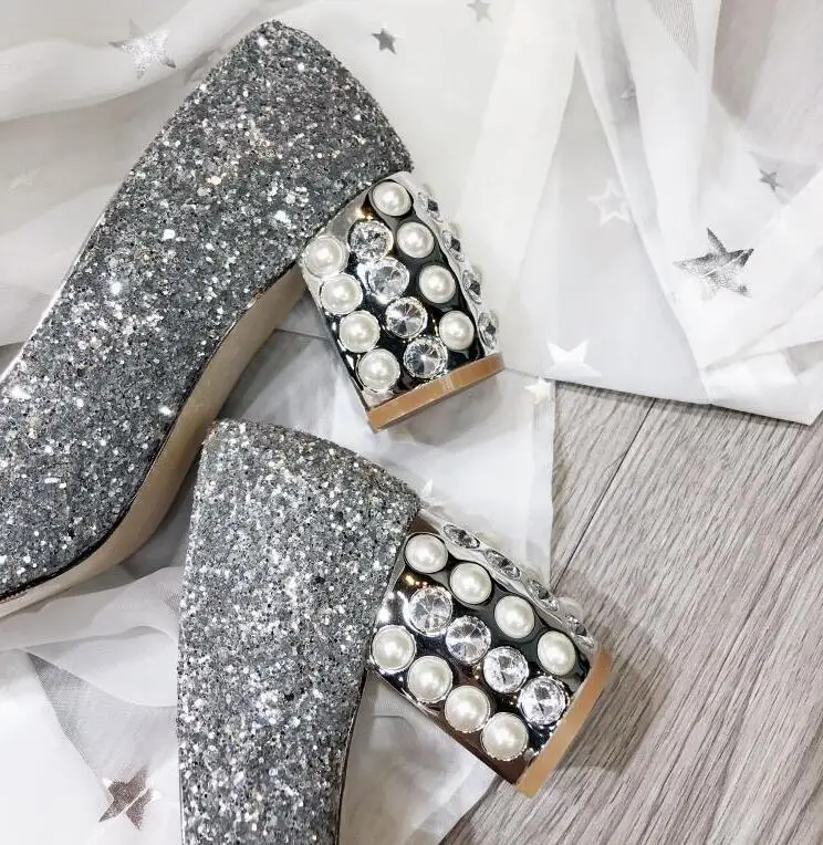 Модные туфли для свадьбы и вечеринки женщина Bling расшитые блестками туфли-лодочки с острым носком жемчуг со стразами 7 см обувь на высоком каблуке