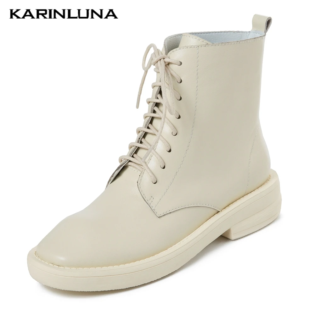 

top quality Genuine Cow Leather Ankle Boots Woman Shoes Lace Up Chunky Heels Black Shoes Woman short Boots women's shoes 2019