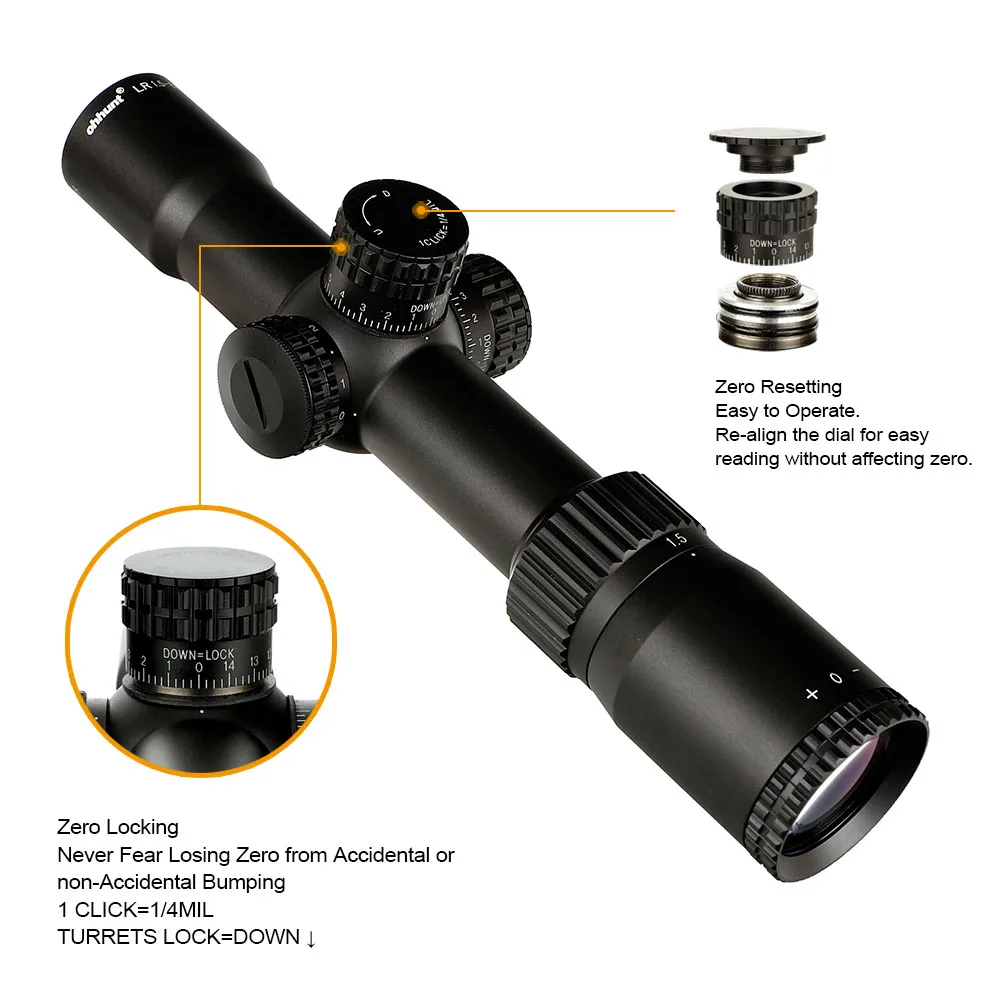 Ohhunt Tático Compacto Caça Escopo Mil Dot Vidro Gravado Retículo Vermelho Iluminação Torres Bloqueio Reset Riflescope lr 1.5-8x28 ir 9 Cheap Lunetas Riflescopes
