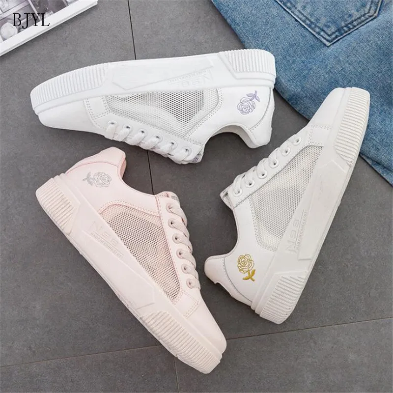 

BJYL Women Sneakers Casual Shoes 2019 Women Flats Shoes Fashion Breathable White Shoes Lace-Up Women Mesh Vulcanized Shoes B77