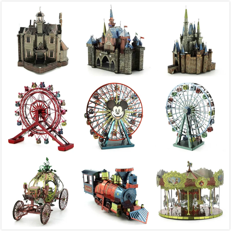 

Coloful Mickey 3D Metal Puzzles Mouse Model Princess Car Cinderella Castle Ferris wheel Laser Jigsaw Cut Adults Toy Home Decor