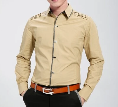 Весна Для мужчин с длинным рукавом Твердые хлопковые рубашки Для мужчин Бизнес торжественное платье Рубашки для мальчиков Camisa социальной masculina M-3XL - Цвет: Khaki