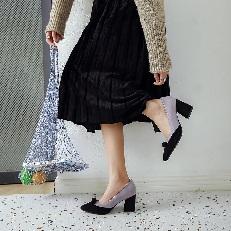 

2019 autumn new fashion simple color matching high heels women retro style suede comfortable coarse heel casual high heels