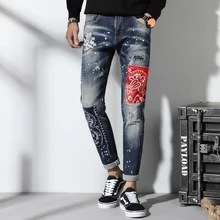Men Jeans Slim Fit Fashion Patchwork Denim Ripped Zipper Biker Skinny hole embroidery Patch Stylish Men Jeans Slim Fit Fashion Patchwork Denim Ripped Zipper Biker Skinny hole embroidery Patch Stylish