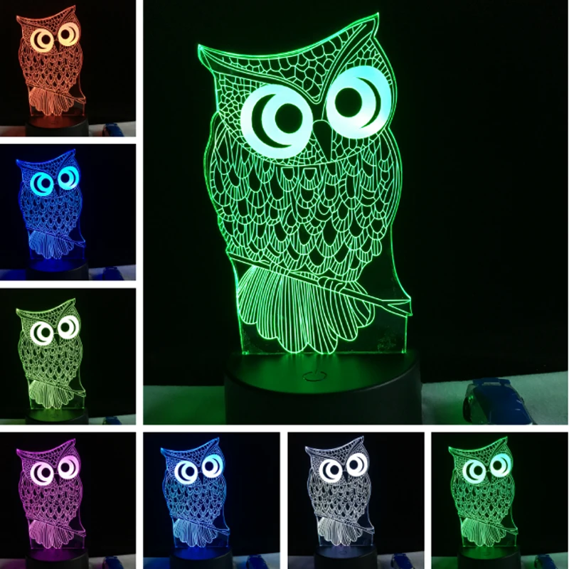 Romatic Acrylic Animal Owl 3D Night Light USB Powered 7 Colours Change
