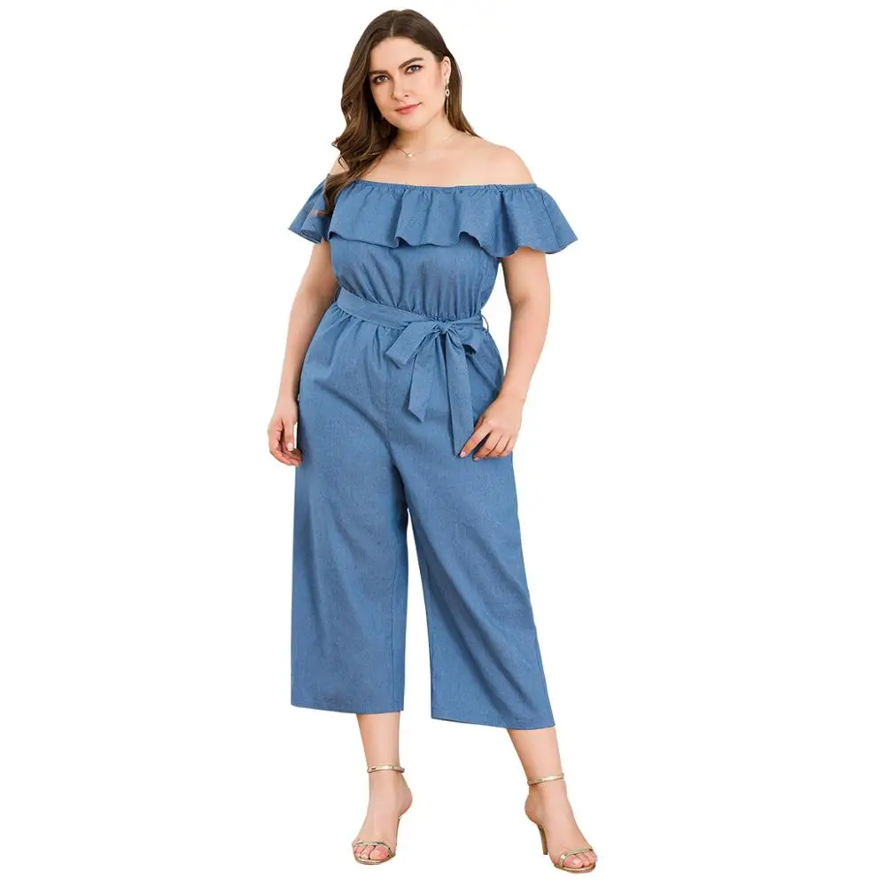 

WHZHM Plus Size 3XL 4XL Denim Rompers Womens Jumpsuit Ruffles Off Shoulder Sexy Lacing Short Sleeve Loose Combinaison Femme