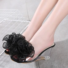 PVC Transparent Wedge Sandals For Women High Heels Big Flower Summer Shoes Peep Toe Ladies Sandals Black Apricot Heeled Slippers apricot contrast point toe pu heeled slippers