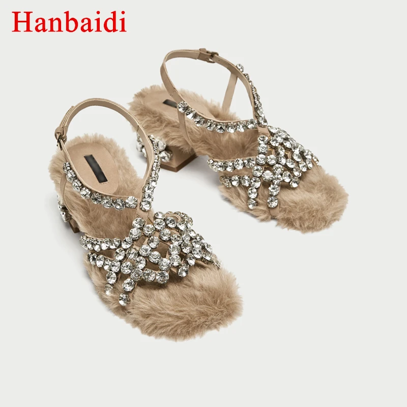 

Hanbaidi 2018 New Arrival Feather Crystal Buckle Strap Open Toe Woman Sandals Low heel Jeweled Faux Fur Crystal High Heels Shoes