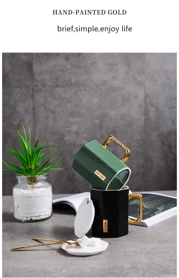 Berjaya креативный полигон золото рукоятка керамическая кружка с ложкой большой емкости бизнес офисная чашка для кофе и кружка