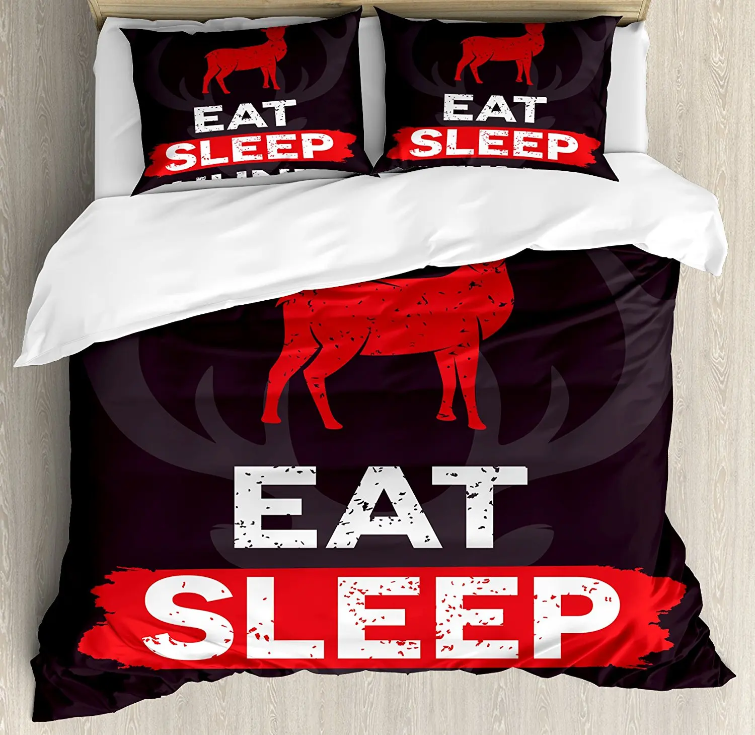

Hunting Decor Duvet Cover Set Eat Sleep Hunt Inspirational Quote Grunge Deer Silhouette Antlers Decorative 4 Piece Bedding Set