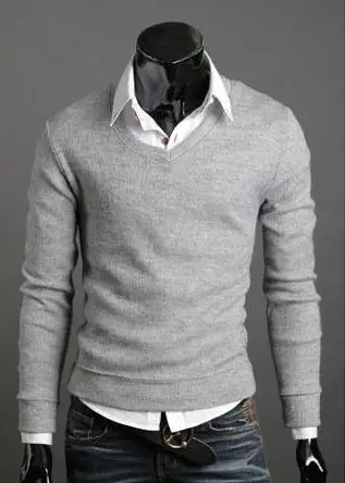 Новые модные весенние Для мужчин с треугольным вырезом с длинными рукавами свитера мужские осенние тонкий свитер Цвет пуловер База Топы SSW67 - Цвет: light gray