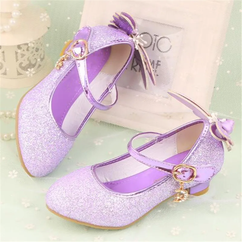 Новая детская обувь на высоком каблуке, детская кожаная обувь, школьное платье, обувь для танцев, обувь для маленьких девочек, тонкие туфли принцессы 02C - Цвет: Лаванда