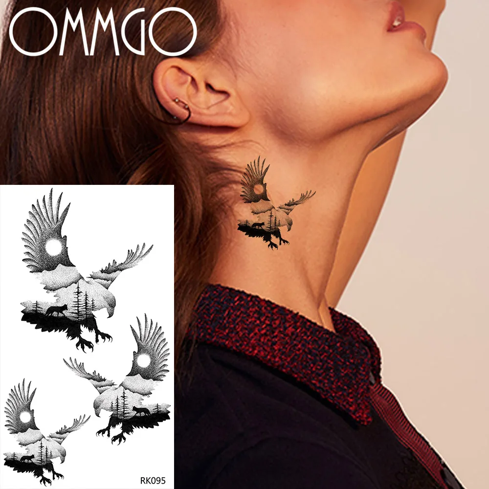 OMMGO лесной парящий Орел Временные татуировки для женщин мужчин шеи лодыжки татуировки бумага Водонепроницаемый черный поддельные наручные птицы татуировки наклейки