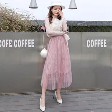 Летние Для женщин Тюлевая юбка сладкий кружева сетка; с высокой талией плиссированные юбки Дамы Повседневное Элегантные до середины икры вечерние тонкие гофрированные юбки