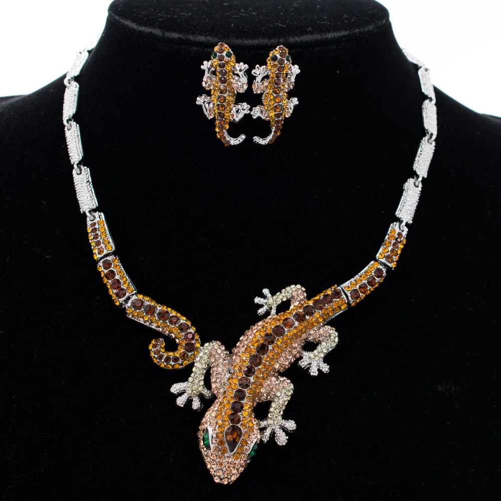 Crystals Rhinestone Brown Gecko Lizard Necklace Earring Sets Animal