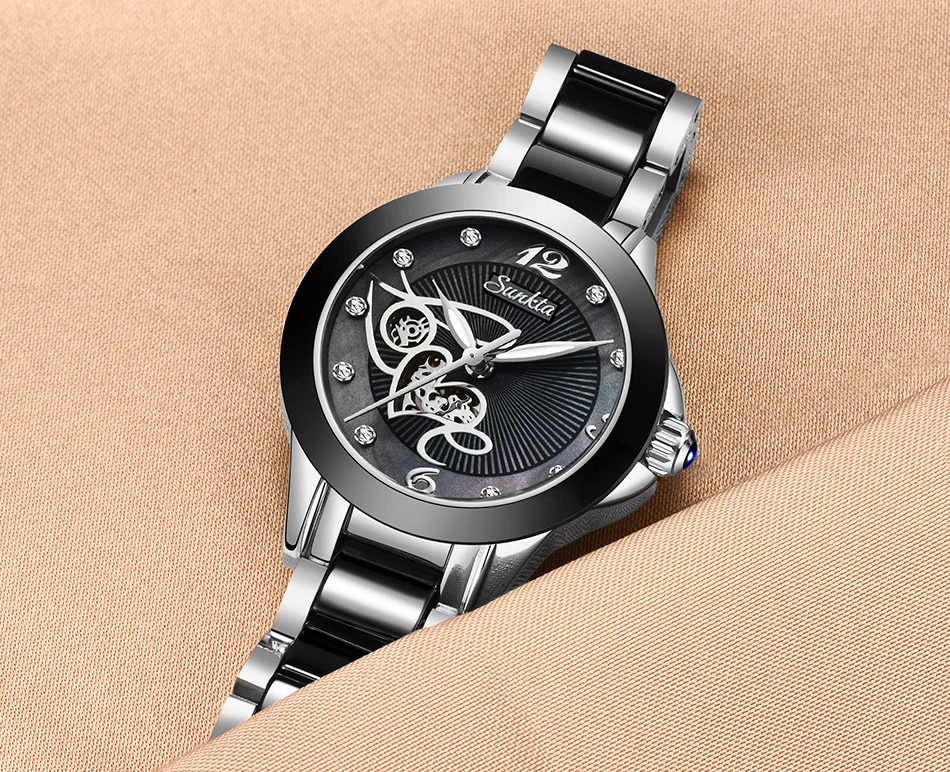 SUNKTA Высокое качество Женские часы со стразами роскошные розовое золото черные керамические водонепроницаемые часы женские классические серии женские часы