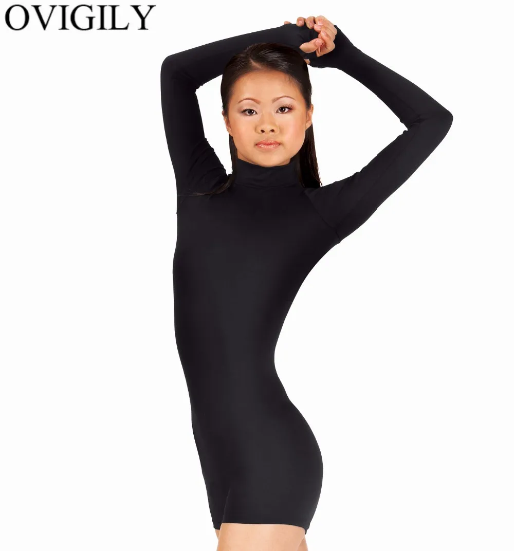 OVIGILY женский купальник с длинным рукавом и вырезом под горло, с дырками для больших пальцев, для взрослых, черный, цельный, для танцев, гимнастики, комбинезон, Одежда для танцев на молнии - Цвет: Black