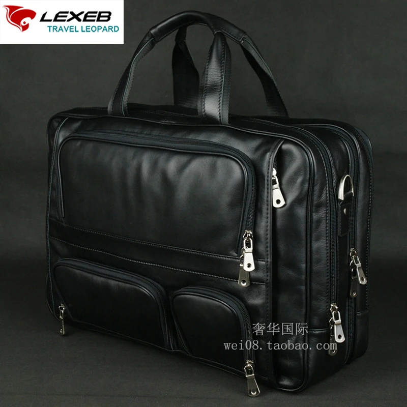 LEXEB Brand Men's Leather Briefcase 17 Laptop Large Capacity Business Travel Bags 44.5 CM With Double Zippers Open Black