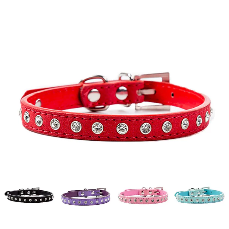 Luxury Crystal Puppy Collar PU Leather Dog Collar for Small Dogs and Cats One Row Diamond