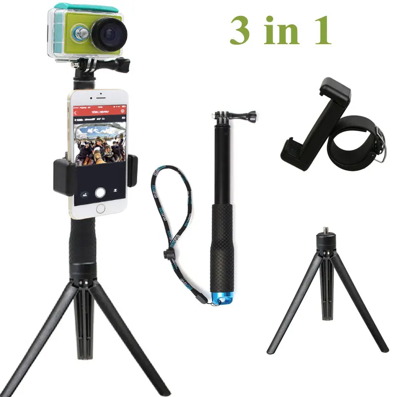 

3in1 Go Pro Extendable Pole Selfie Stick Handheld Monopod + Phone Clip + Mini Tripod Stand Holder for iPhone GoPro 5 4 3+ SJ4000