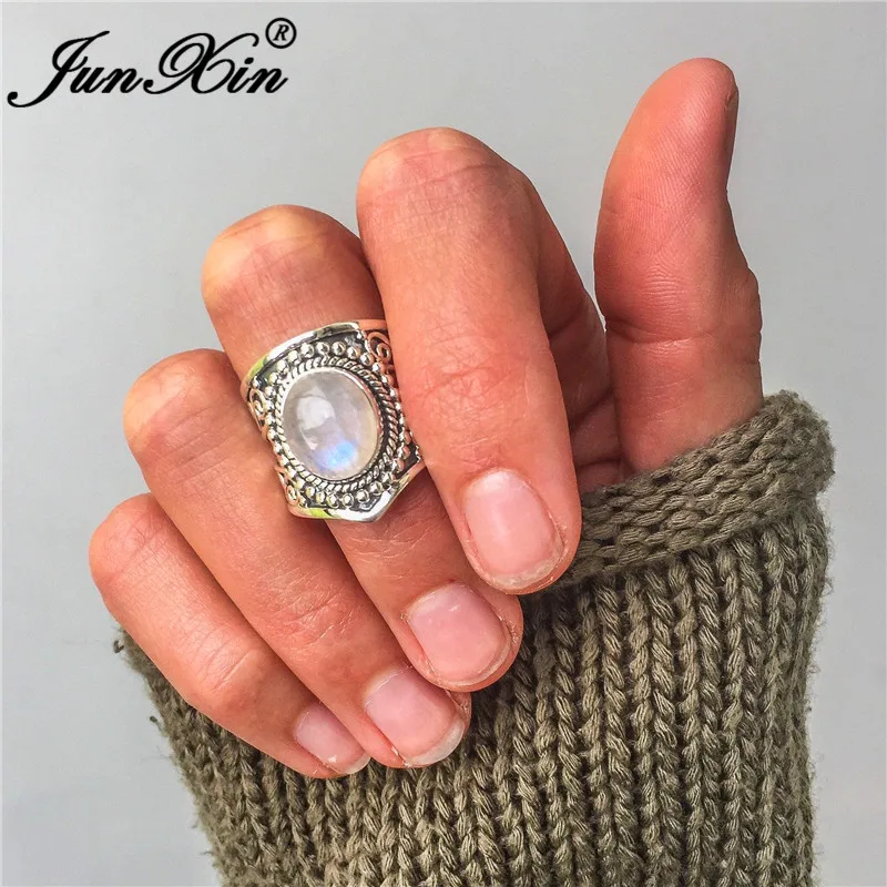 Винтажное Стильное мужское женское кольцо с прозрачным лунным камнем модное серебряное большое обручальное кольцо Бохо розовое фиолетовое белое кольцо с огненным опалом