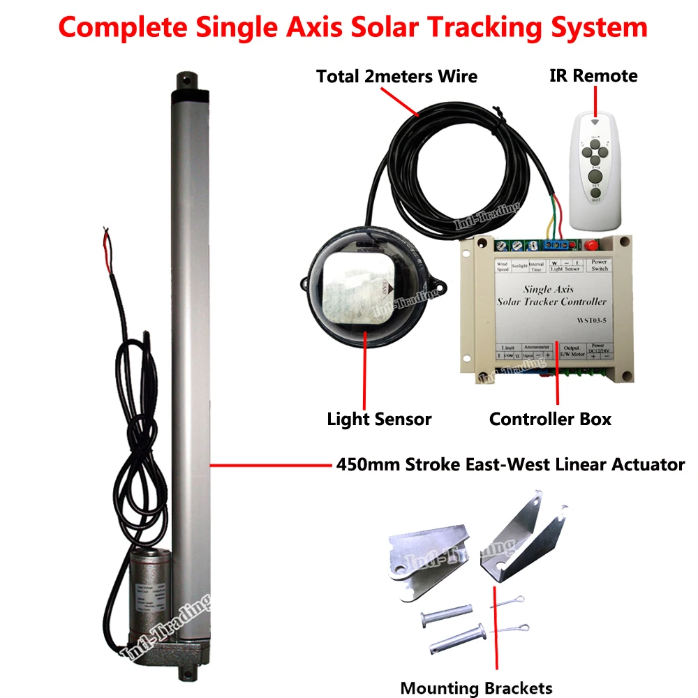 

Complete Kit: Single Axis Solar Panel Tracking System , DC 12V 450mm/18Inch Linear Actuator &Controller &Remote-Sunlight Tracker